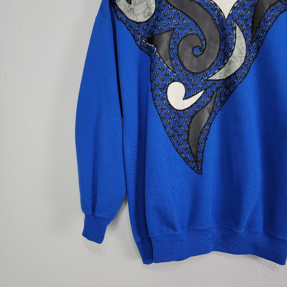 Vintage 80s Extravagannza Mock Neck Abstract Royal Blue Sweatshirt Size Large - Picture 12 of 17